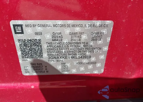2019 Chevrolet Equinox Lt z USA, uszkodzony, nr VIN 3GNAXKEV4KL143918